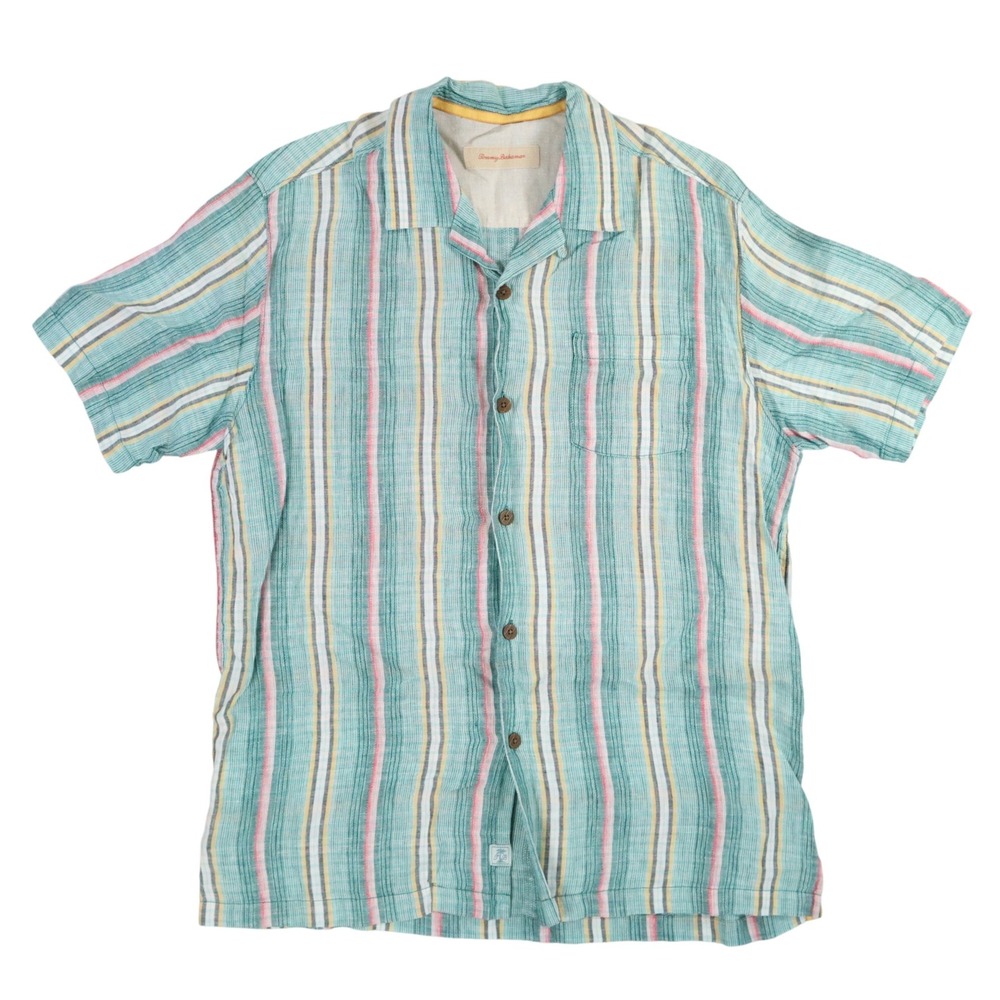 Tommy Bahama Linen Baja Striped Camp Shirt Mens M Teal Summer Tropical Vacation